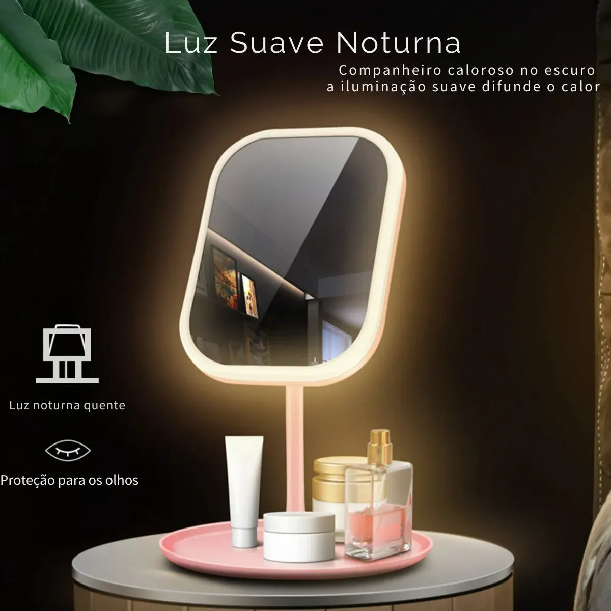 Espelho de Maquiagem Retangular com Luz LED para Bancada