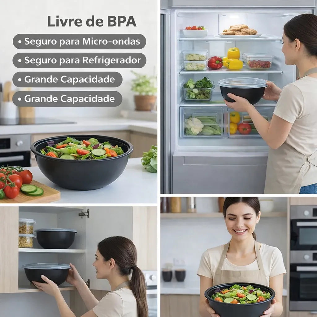 Kit 5 Potes Bowl Jogo de Plástico Hermético P M G Saladeira Mantimento vai microondas e geladeira