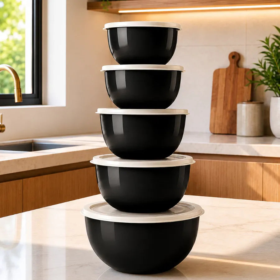 Kit 5 Potes Bowl Jogo de Plástico Hermético P M G Saladeira Mantimento vai microondas e geladeira